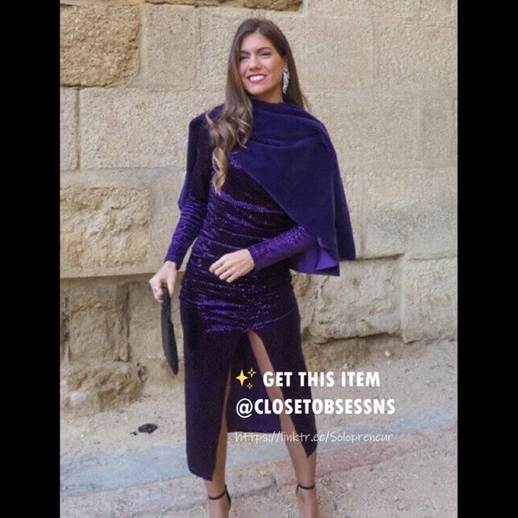 NWT ZARA Sparkly Purple Midi Long Sleeve Dress w Slit & Ruching keyhole back - Picture 15 of 17